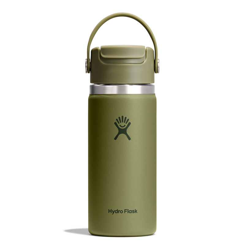 An olive green Hydro Flask insulated water bottle with a matching lid and carry loop, shown on a clean white background.