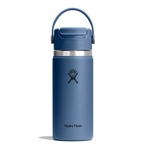 A blue Hydro Flask insulated water bottle with a matching blue lid and carry loop, shown on a clean white background.