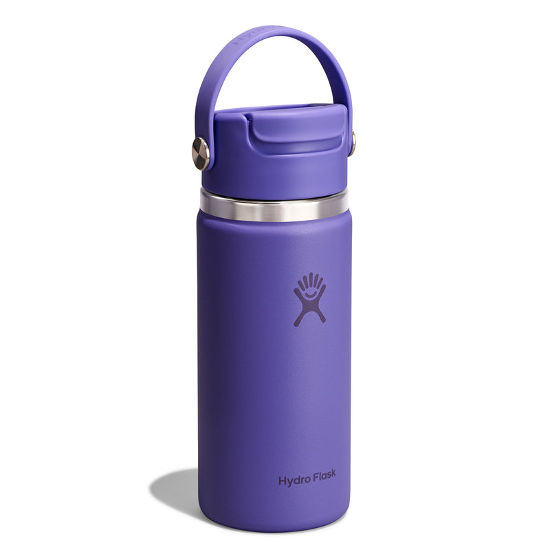 A purple Hydro Flask insulated water bottle with a matching purple lid and carry loop, featuring a silver stainless steel band and the Hydro Flask logo, set against a plain white background.