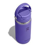 A purple Hydro Flask insulated water bottle with a matching purple flip-top lid and carry loop, shown on a white background with a soft shadow.