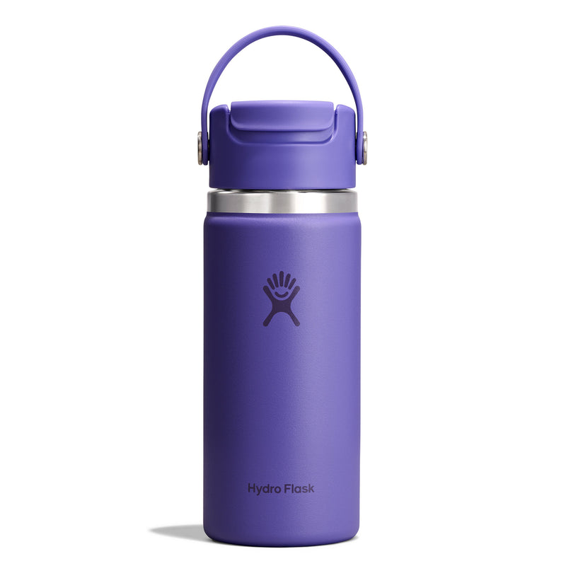 A purple Hydro Flask insulated water bottle with a matching purple carry loop lid, a silver stainless steel collar, and the Hydro Flask logo on the front, set against a plain white background.
