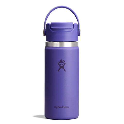 A purple Hydro Flask insulated water bottle with a matching purple carry loop lid, a silver stainless steel collar, and the Hydro Flask logo on the front, set against a plain white background.