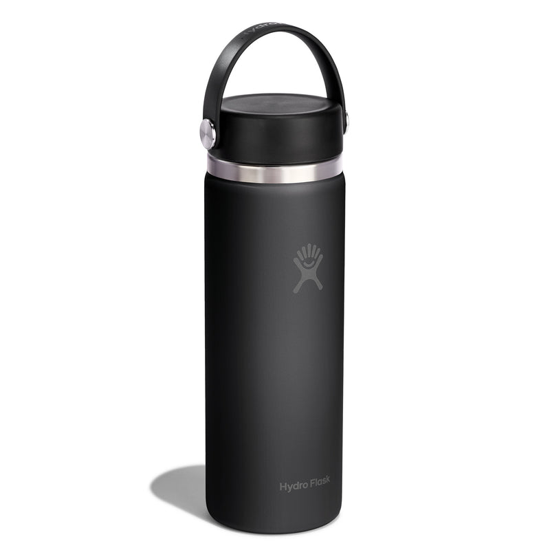 A matte black Hydro Flask insulated water bottle with a matching black lid and carry loop, featuring a silver stainless steel band and logo on a white background.