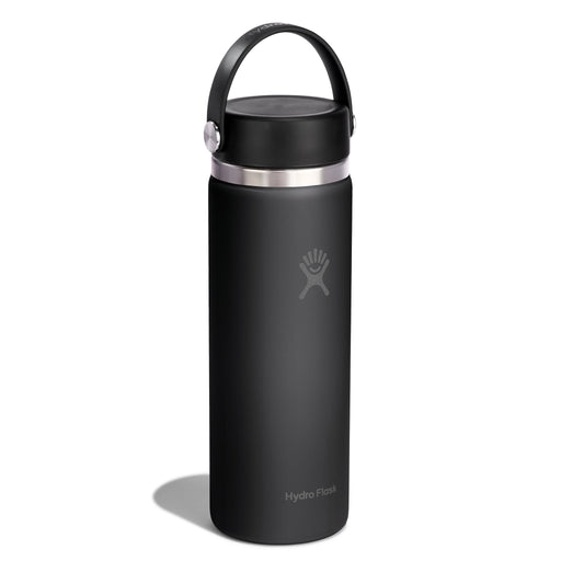 A matte black Hydro Flask insulated water bottle with a matching black lid and carry loop, featuring a silver stainless steel band and logo on a white background.