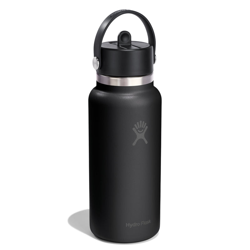 Black Hydro Flask water bottle with a silver lid on a white background