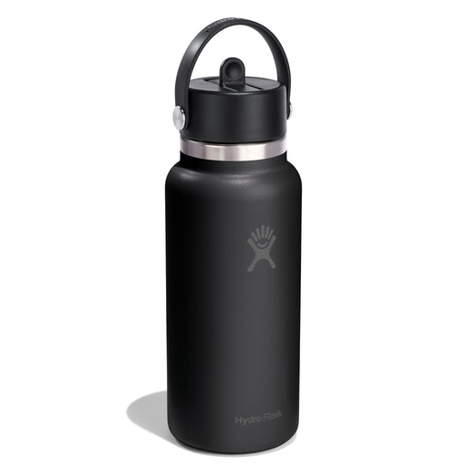 Black Hydro Flask water bottle with a silver lid on a white background