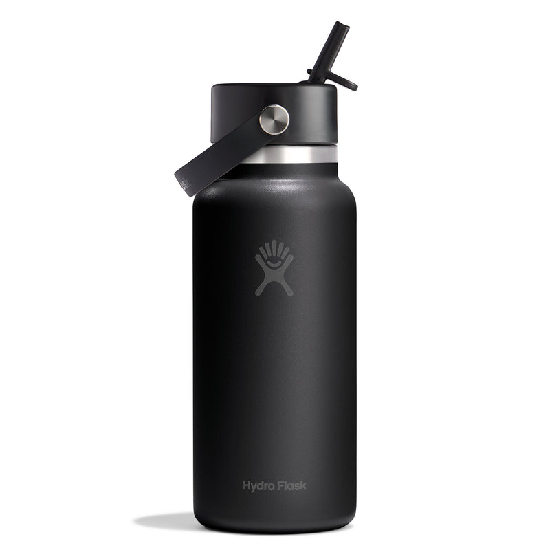 Black Hydro Flask water bottle with straw lid on a white background