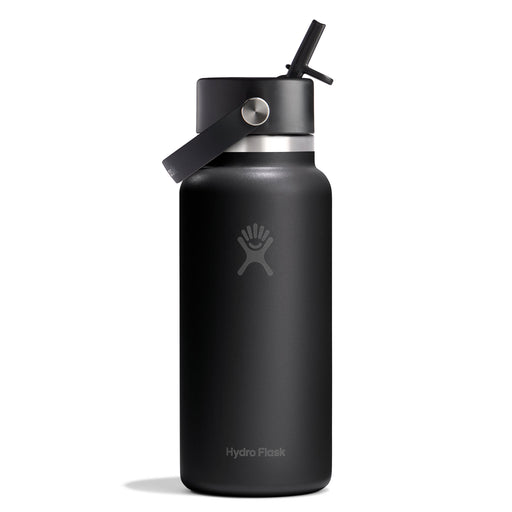 Black Hydro Flask water bottle with straw lid on a white background