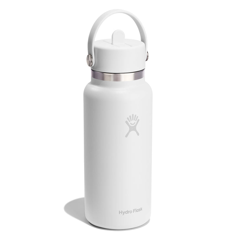 White Hydro Flask water bottle with a silver lid on a white background