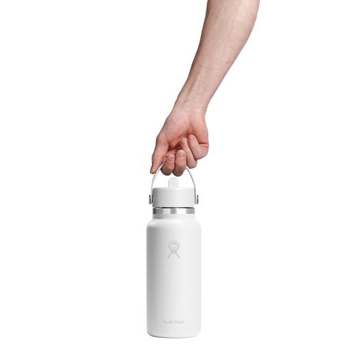 White water bottle held by a hand on a white background