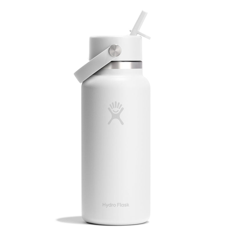 A white Hydro Flask insulated water bottle with a matching white flip-straw lid and carrying loop, shown on a clean white background.