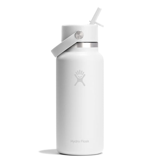 A white Hydro Flask insulated water bottle with a matching white flip-straw lid and carrying loop, shown on a clean white background.