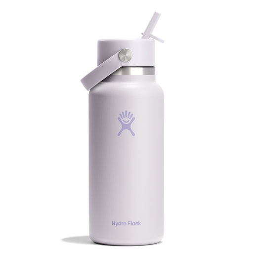 A light lavender Hydro Flask insulated water bottle with a matching lavender flip-straw lid and carrying loop, shown on a clean white background.