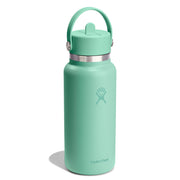 A mint green Hydro Flask insulated water bottle with a matching lid and carrying loop, featuring a silver metal band and the Hydro Flask logo, set against a plain white background.