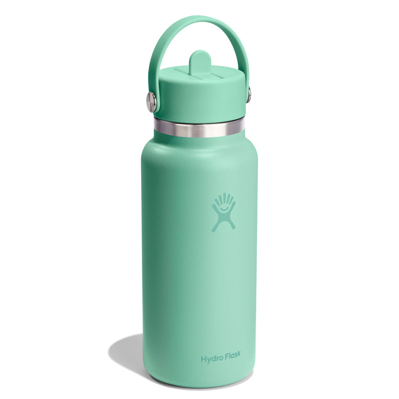 A mint green Hydro Flask insulated water bottle with a matching lid and carrying loop, featuring a silver metal band and the Hydro Flask logo, set against a plain white background.