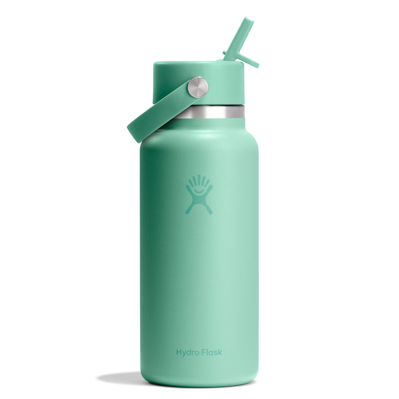 Mint green Hydro Flask water bottle with straw lid on a white background