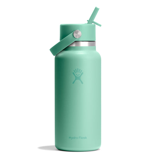 Mint green Hydro Flask water bottle with straw lid on a white background