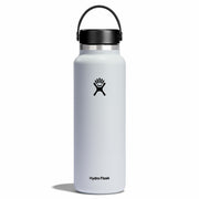 White Hydro Flask water bottle with black lid on a white background
