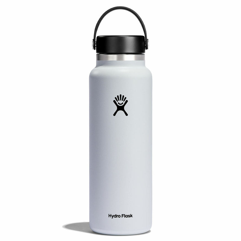 White Hydro Flask water bottle with black lid on a white background