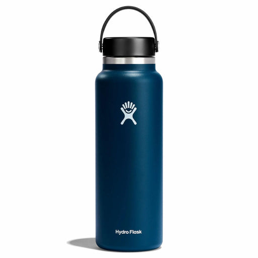 Blue Hydro Flask water bottle with black lid on a white background