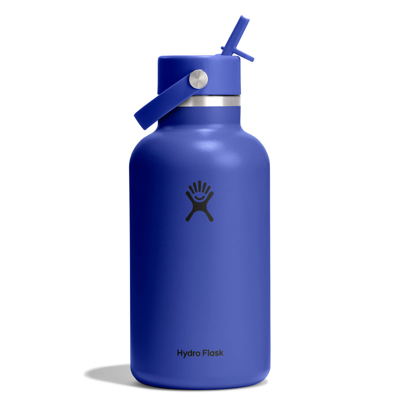 Blue Hydro Flask water bottle with straw lid on a white background