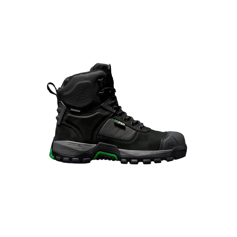 A black high-top waterproof and impact-resistant work boot with small green accents on the sole and a small green logo on the side, shown against a dark background with a blue glow effect.