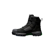 A black high-top tactical boot with a textured synthetic upper, lace-up front, side zipper, and a bright green accent on the outsole, shown against a dark background with a blue glow.