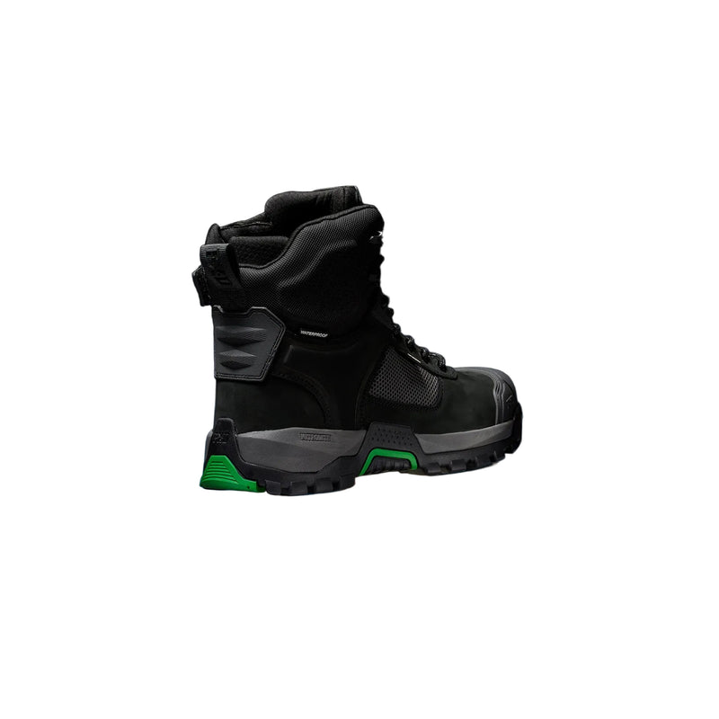 A black high-top safety boot with gray accents and bright green details on the outsole, shown floating against a dark background with a blue glow.