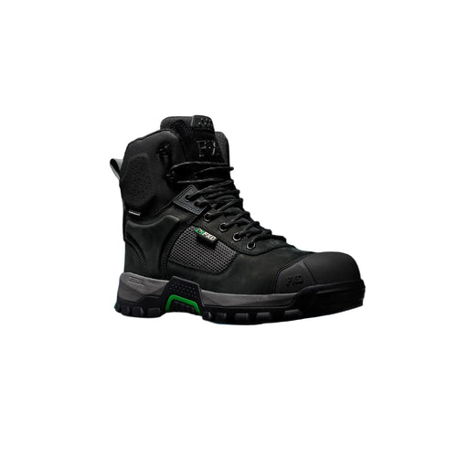 A black tactical-style ankle boot with a lace-up front, protective toe, and textured sole, shown on a dark background with a blue glow beneath it.