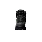 A single black high-top tactical boot centered on a dark background with a blue glow at the base. The boot features a lace-up front, textured synthetic panels, and a visible FXI logo on the tongue.