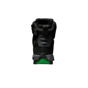 A single boot shown from the back on a dark studio background with a blue glow. The boot is predominantly black with gray protective panels and a bright green accent on the base.