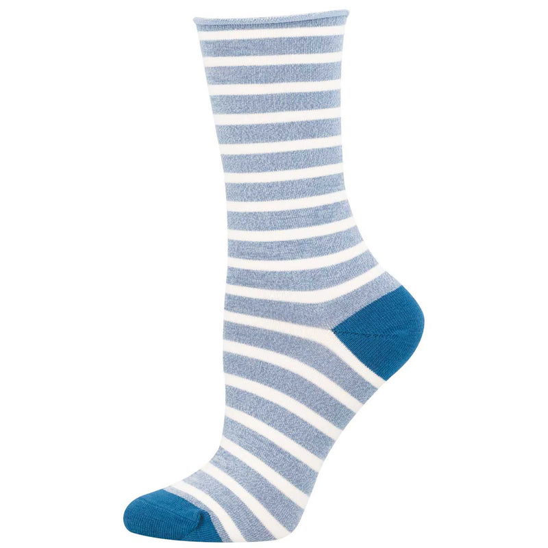 Women's Sailor Stripe Roll Top Bamboo Crew Socks | Blue White