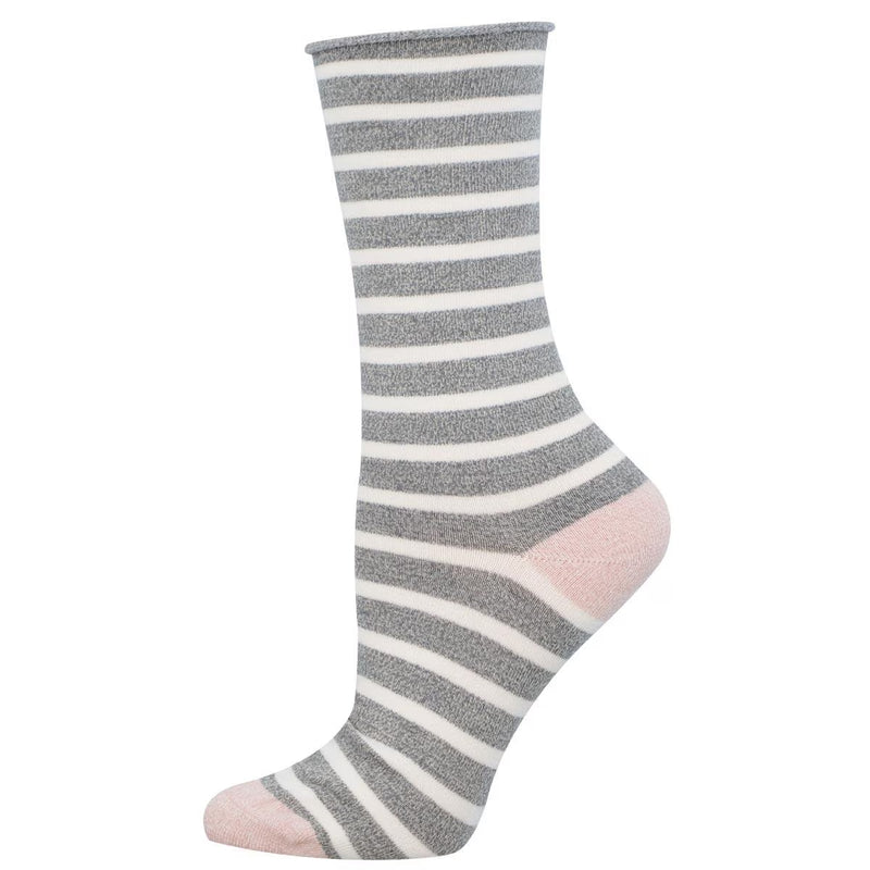 Grey and white striped crew sock on a white background.
