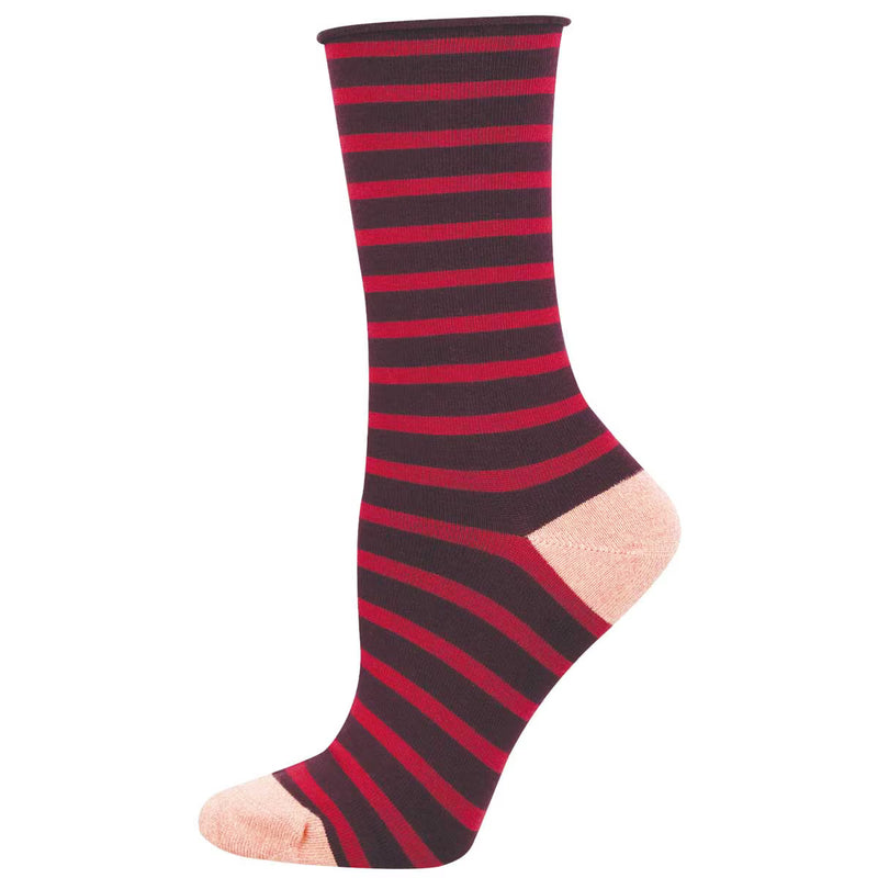 Women's Sailor Stripe Roll Top Bamboo Crew Socks | Red