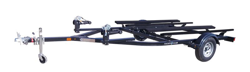 Black watercraft trailer on a white background.