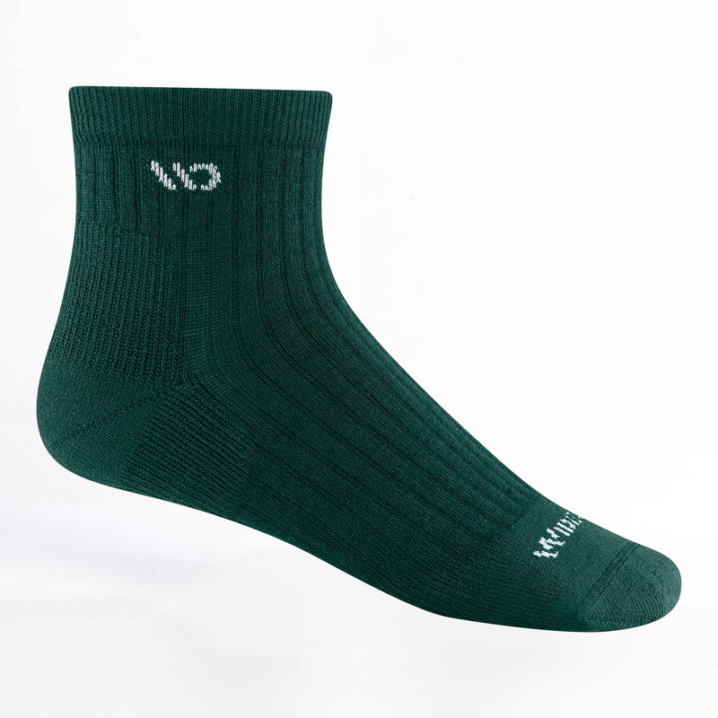 Green sock with a logo on a white background