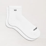 White socks with black branding on a light gray background
