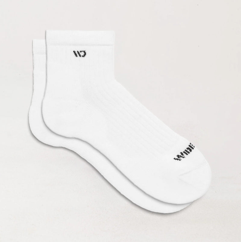White socks with black branding on a light gray background