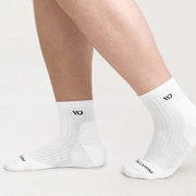 White socks with a logo on a neutral background