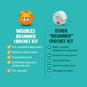 Comparison chart of Woobles Beginner Crochet Kit and other beginner crochet kits on a teal background.