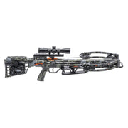 A black and gray camouflage crossbow with a mounted scope, photographed against a solid white background.
