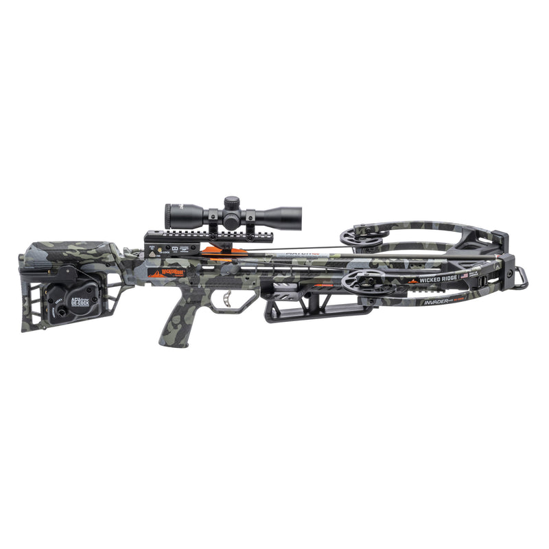 A black and gray camouflage crossbow with a mounted scope, photographed against a solid white background.
