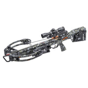 A crossbow with a camouflage pattern, featuring a mounted scope, black limbs, and orange accents, shown against a plain white background.