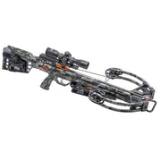 A crossbow with a camouflage stock and limbs, equipped with a mounted scope, quiver, and arrow nocks, shown against a plain white background.