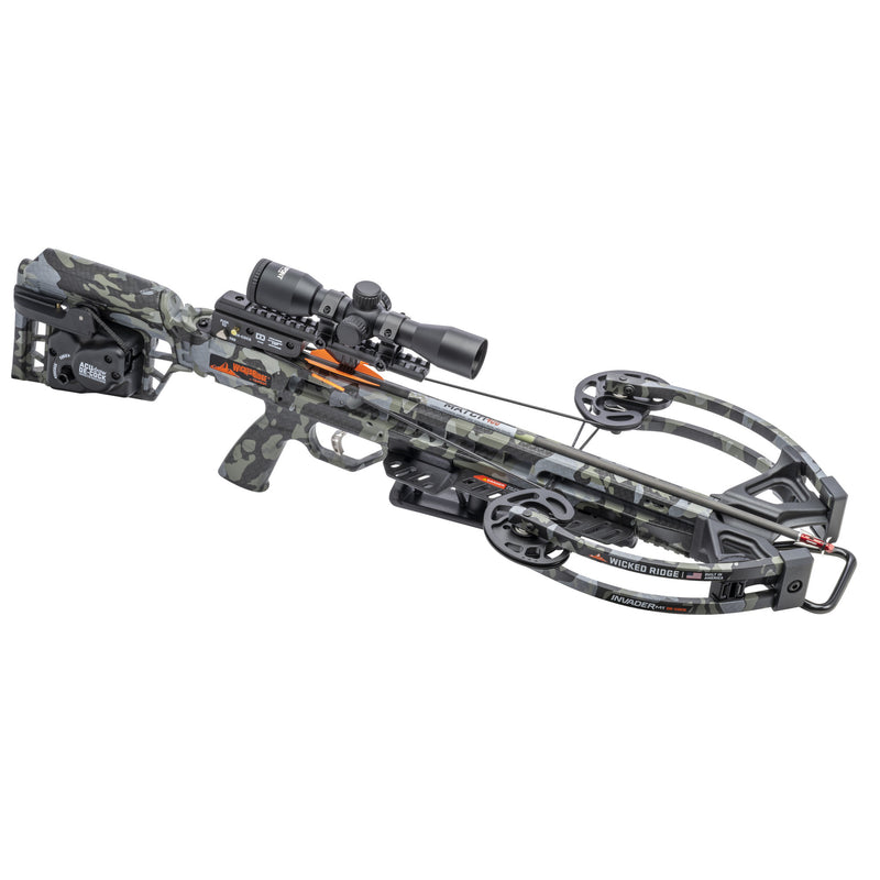 A crossbow with a camouflage stock and limbs, equipped with a mounted scope, quiver, and arrow nocks, shown against a plain white background.