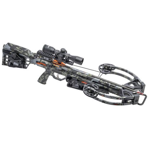 A crossbow with a camouflage stock and limbs, equipped with a mounted scope, quiver, and arrow nocks, shown against a plain white background.