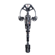 A crossbow with a black and gray camouflage pattern, shown from a top-down front angle on a solid white background.