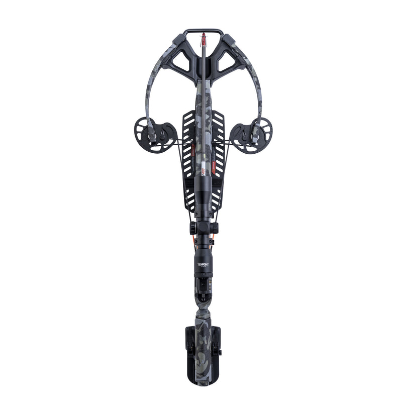 A crossbow with a black and gray camouflage pattern, shown from a top-down front angle on a solid white background.