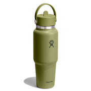 An olive green Hydro Flask insulated water bottle with a matching lid and carrying loop, featuring a silver metal collar and the HydroFlask logo on a white background.