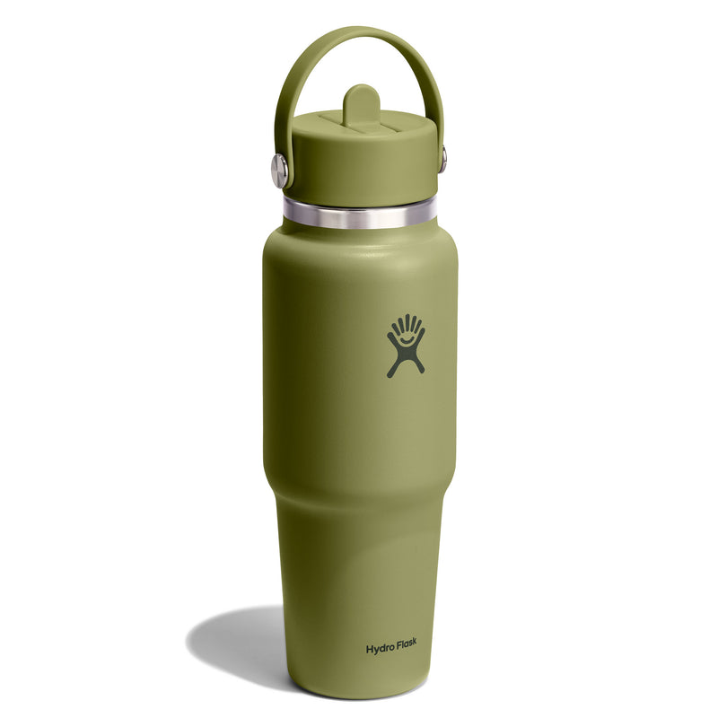 An olive green Hydro Flask insulated water bottle with a matching lid and carrying loop, featuring a silver metal collar and the HydroFlask logo on a white background.